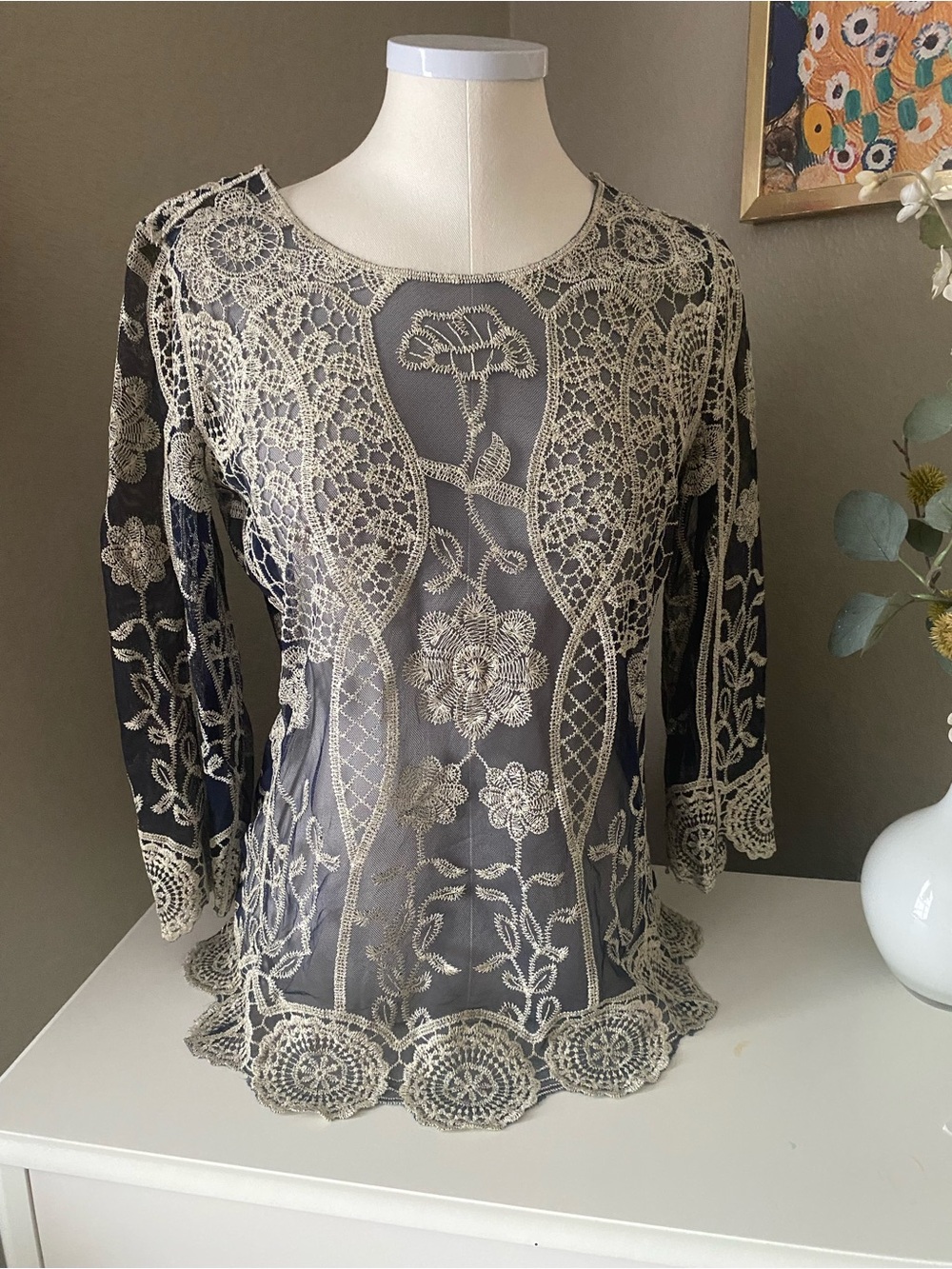 American Rag Blue Sheer Top with Cream Lace Overlay
